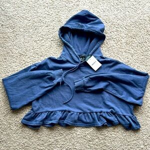Blue Cropped Ruffle Trim Hoodie